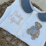 Boys Jade Blue Bear Handmade Sleepsuit And Bib