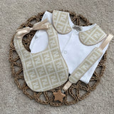 Baby’s Unisex champagne inspired Handmade Sleepsuit, Bib & Dummy Clip Set
