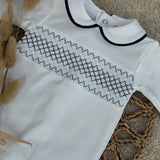 Baby Boys White & Navy Smocked Cotton Sleepsuit