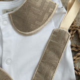 Baby’s Unisex Beige inspired Handmade Sleepsuit, Bib & Dummy Clip Set