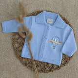 Luxury Blue Knitted Baby Cardigan with Personalised Hot Air Balloon