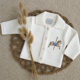 Luxury White Knitted Baby Cardigan with Personalised Horse Pink or Blue