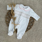 Baby Boys White & Pink Smocked Cotton Sleepsuit