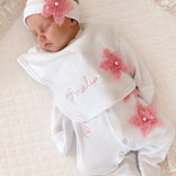 Personalised Pink Flower Sleepsuit, Bib & Headband | Luxury Baby Girls Coming Home Outfit