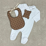 Baby’s Brown Inspired Sleepsuit & Bib Set
