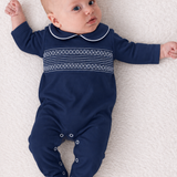 Baby Boys Navy Smocked Cotton Sleepsuit