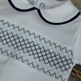 Baby Boys White & Navy Smocked Cotton Sleepsuit