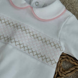 Baby Boys White & Pink Smocked Cotton Sleepsuit