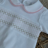 Baby Boys White & Pink Smocked Cotton Sleepsuit