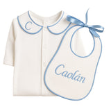 Perfect Little Thing Boys White & Blue Handmade Sleepsuit And Bib