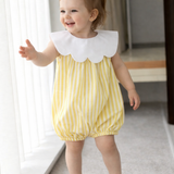 Luxury Lemon Stripe Baby Romper with Scalloped Collar | Traditional Summer Baby Outfit