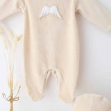 Perfect Little Thing Unisex Angel Wing Velour Sleepsuit With Hat - Beige