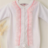 Perfect Little Thing Baby Girls Handmade Frill Sleepsuit With Bib - Pink