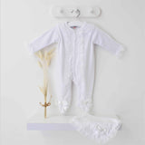 Perfect Little Thing Baby Girls Handmade Frill Sleepsuit With Bib - White