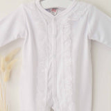 Perfect Little Thing Baby Girls Handmade Frill Sleepsuit With Bib - White