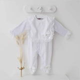 Perfect Little Thing Baby Girls Handmade Frill Sleepsuit With Bib - White