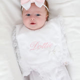 Perfect Little Thing Baby Girls Handmade Frill Sleepsuit With Bib - White