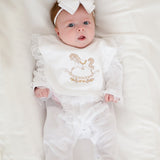 Perfect Little Thing Baby Girls Handmade Frill Sleepsuit With Rocking Horse Bib - White