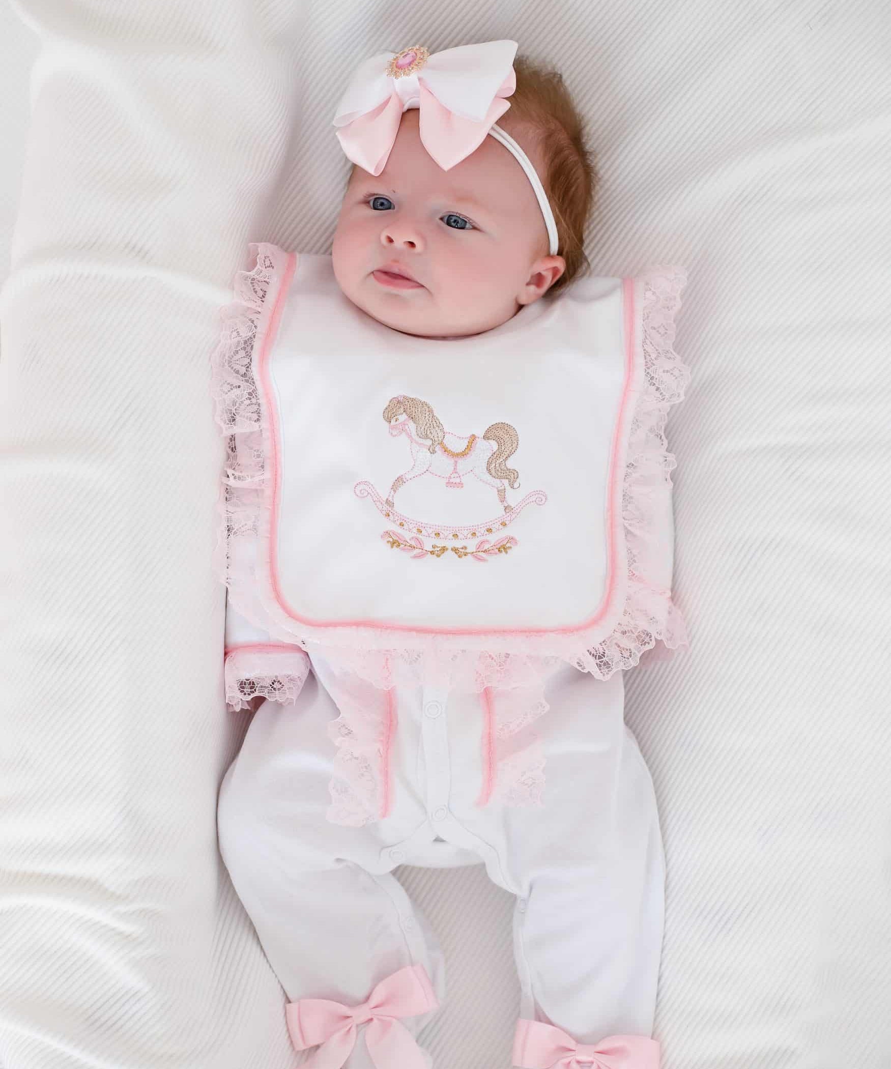 Perfect Little Thing Baby Girls Handmade Frill Sleepsuit With Bib - Rocking Horse