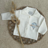 Luxury White Knitted Baby Cardigan with Personalised Hot Air Balloon