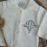Luxury White Knitted Baby Cardigan with Personalised Hot Air Balloon