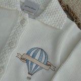 Luxury White Knitted Baby Cardigan with Personalised Hot Air Balloon
