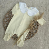 Luxury Lemon Baby Sleepsuit with Broderie Anglaise Collar