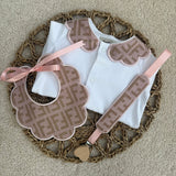 Girls Baby Pink & Beige Print Handmade Sleepsuit, Dummy Clip & Bib Set