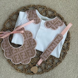 Girls Baby Pink & Beige Print Handmade Sleepsuit, Dummy Clip & Bib Set