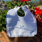White Spanish Bib With Blue Bow & Lace Trim
