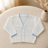 Personalised Spanish Knitted Baby Cardigan – White & Blue