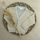 Personalised Spanish Knitted Baby Cardigan – Stone & Blue