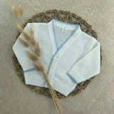 Personalised Spanish Knitted Baby Cardigan – White & Blue