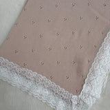 Beige Cotton Baby Shawl with Soft White Lace Trim