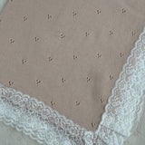 Beige Cotton Baby Shawl with Soft White Lace Trim