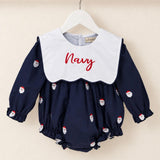 Personalised Navy Santa Christmas Baby Girls Romper with Oversized Bib Collar