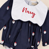 Personalised Navy Santa Christmas Baby Girls Romper with Oversized Bib Collar