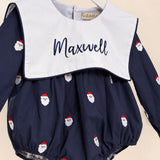 Personalised Boys Navy Santa Christmas Baby Romper with Oversized Bib Collar