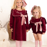 The Rosalie Personalised Burgundy Cord Dress With Blush Velvet Bow