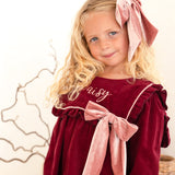 The Rosalie Personalised Burgundy Cord Dress With Blush Velvet Bow