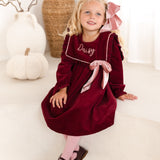 The Rosalie Personalised Burgundy Cord Dress With Blush Velvet Bow