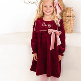 The Rosalie Personalised Burgundy Cord Dress With Blush Velvet Bow