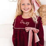 The Rosalie Personalised Burgundy Cord Dress With Blush Velvet Bow