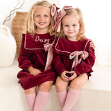 The Rosalie Burgundy Cord Romper with Blush Velvet Bow