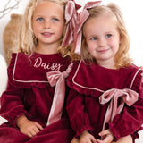 The Rosalie Burgundy Cord Romper with Blush Velvet Bow