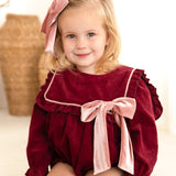 The Rosalie Burgundy Cord Romper with Blush Velvet Bow
