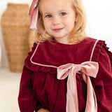 The Rosalie Burgundy Cord Romper with Blush Velvet Bow