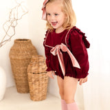 The Rosalie Burgundy Cord Romper with Blush Velvet Bow