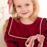 The Rosalie Burgundy Cord Romper with Blush Velvet Bow