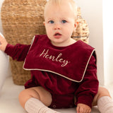 Boys’ Burgundy Cord Romper with Beige Piping
